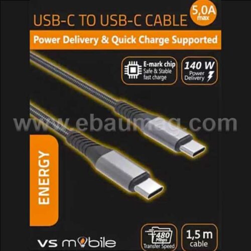 VS Mobile Кабел за зареждане Power Delivery (PD) USB-C към USB-C 5A, 140W, 480Mbps, E-Marker чип, дължина 1.5м