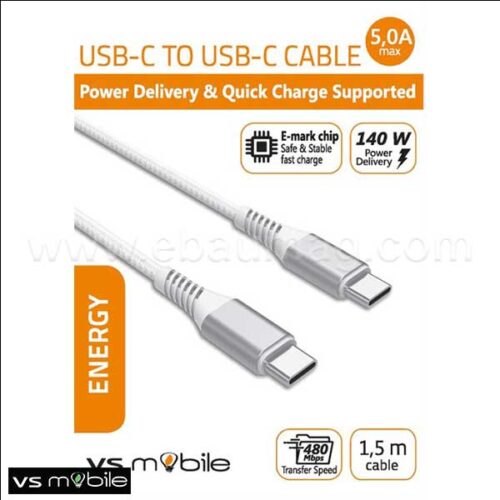 VS Mobile Кабел за зареждане Power Delivery (PD) USB-C към USB-C 5A, 140W, 480Mbps, E-Marker чип, дължина 1.5м